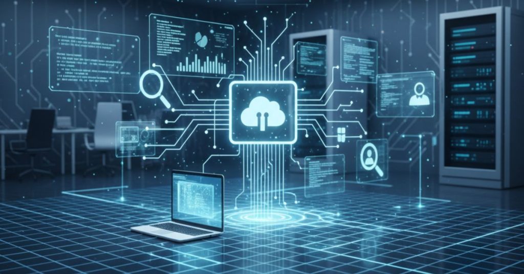 A futuristic illustration of tech recruitment with a central cloud icon, connected digital icons (laptops, code, magnifying glass), and a blue grid on the floor, all in a server room setting.
