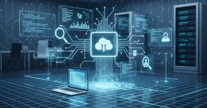 A futuristic illustration of tech recruitment with a central cloud icon, connected digital icons (laptops, code, magnifying glass), and a blue grid on the floor, all in a server room setting.