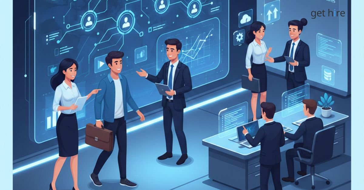 Modern illustration of IT professionals and recruiters collaborating in a futuristic office, featuring holographic screens displaying career matches for "Get Hire Technologies."