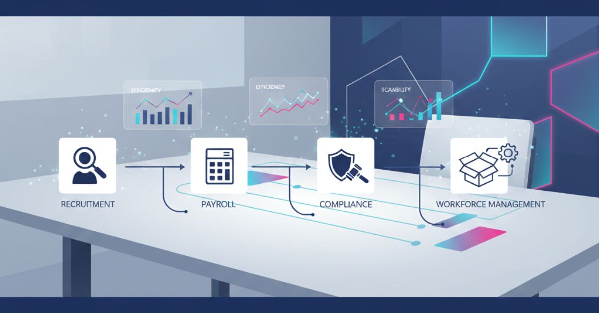 Futuristic HR solution network illustration with icons for recruitment, payroll, and compliance.