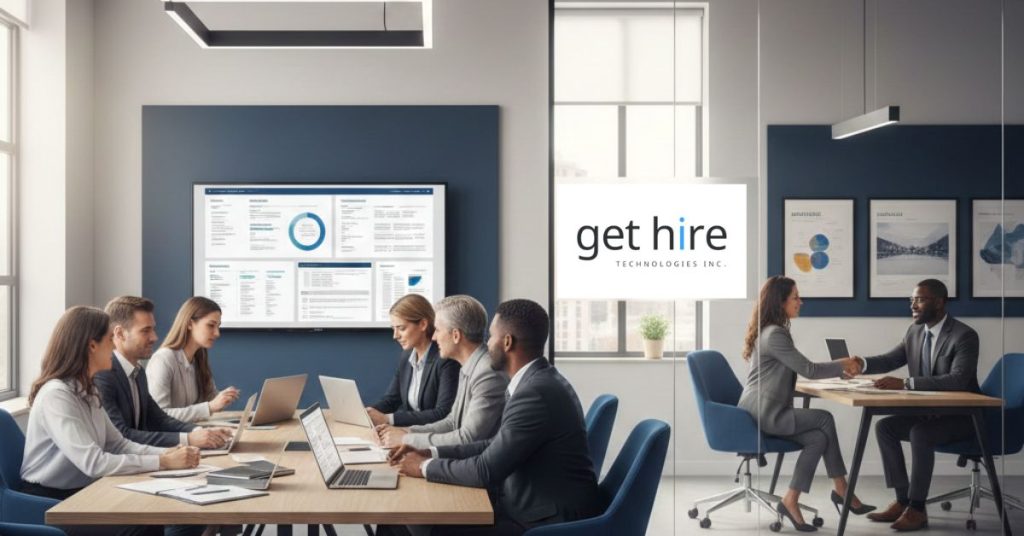 A high-resolution, realistic image of a modern corporate staffing agency in the USA