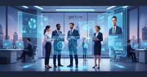 Illustration of IT professionals progressing along an upward career path toward advanced technology and leadership.