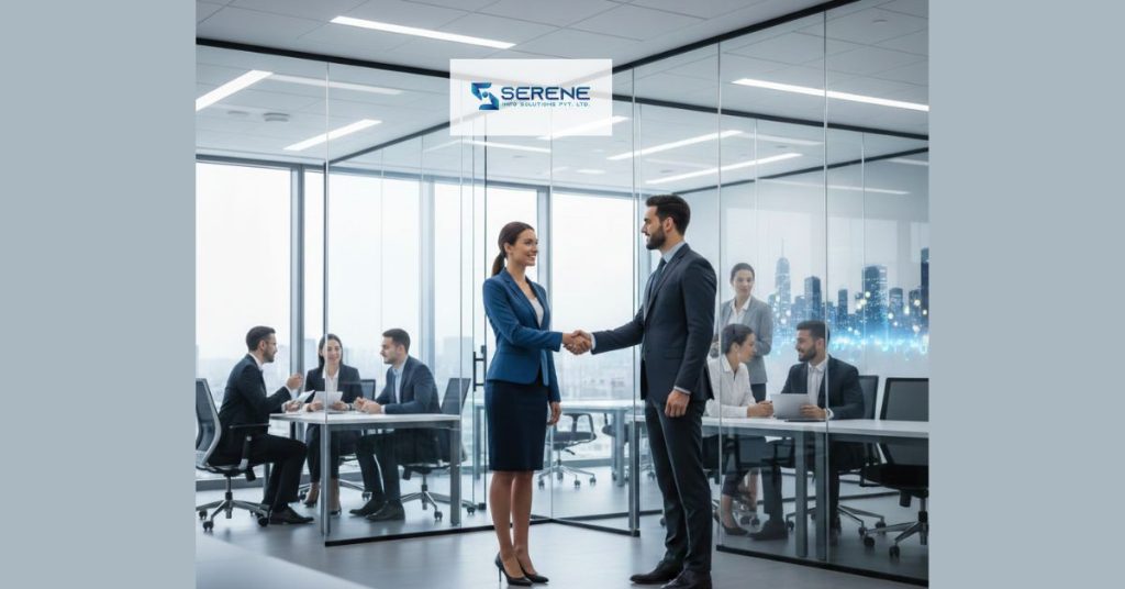 A high-resolution, professional corporate scene in a modern office with floor-to-ceiling glass walls.