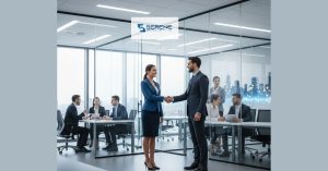 A high-resolution, professional corporate scene in a modern office with floor-to-ceiling glass walls.