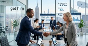 Recruiters and clients collaborating in a modern office, representing scalable staffing solutions in the USA.