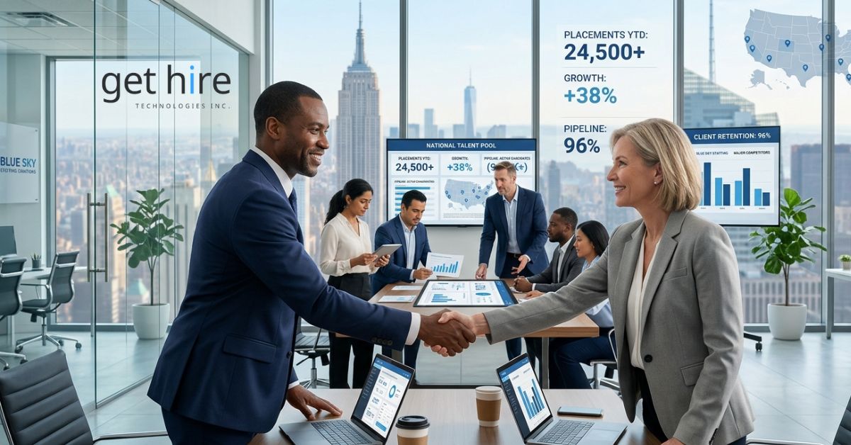 Recruiters and clients collaborating in a modern office, representing scalable staffing solutions in the USA.