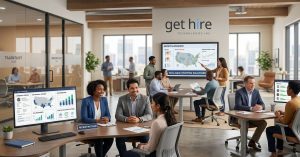 Professional recruiters conducting interviews in a modern office with digital hiring tools